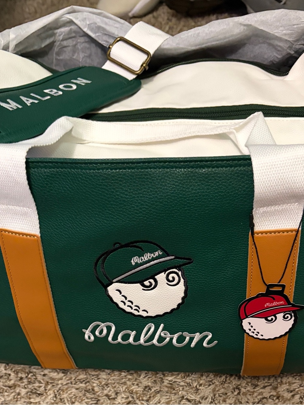 Malbon Green and White Golf Duffle Bag